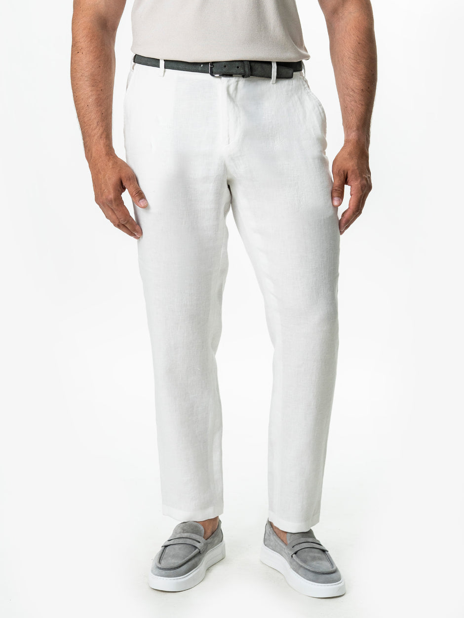 Pantaloni Barbati Albi Casual De Vara Din In Natural BMan714 (4)