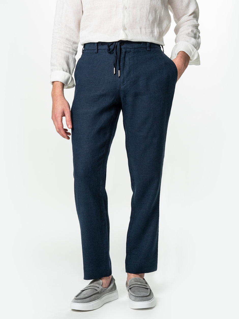 Pantaloni Casual Cu Snur In Talie Vara Barbati In Natural Bleumarin BMan714 (5)