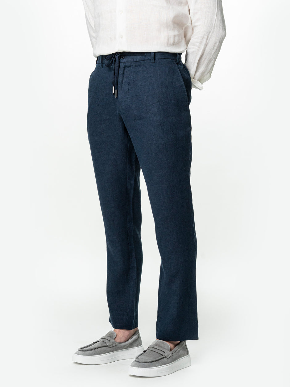 Pantaloni Casual Cu Snur In Talie Vara Barbati In Natural Bleumarin BMan714 (6)