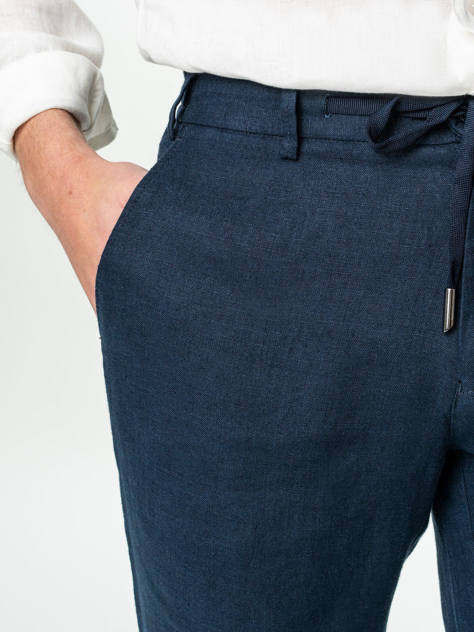 Pantaloni Casual Cu Snur In Talie Vara Barbati In Natural Bleumarin BMan714 (3)