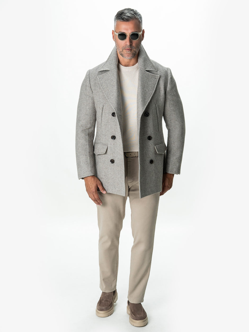 Palton Scurt Barbati Cappuccino Herringbone din Lana BMan0010 (9)
