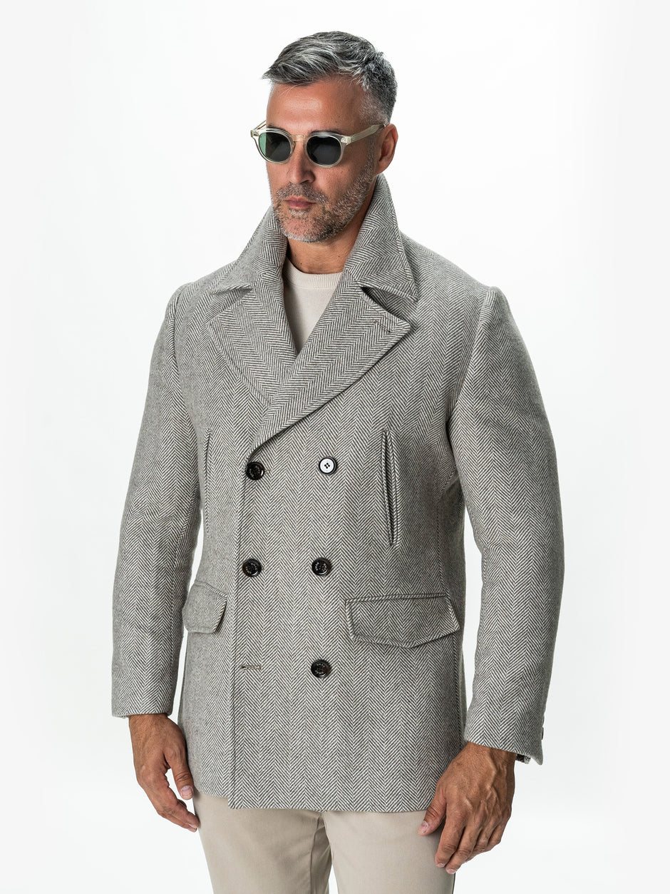 Palton Scurt Barbati Cappuccino Herringbone din Lana BMan0010 (6)