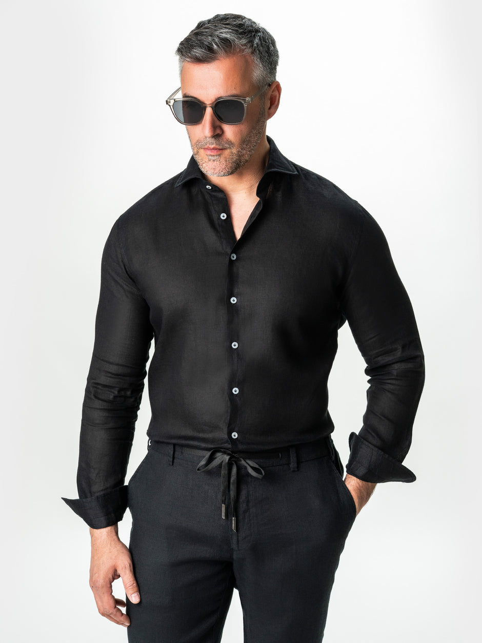 Camasa Neagra Din In Natural Tesatura Monti Barbati De Vara BMan0064 (1)