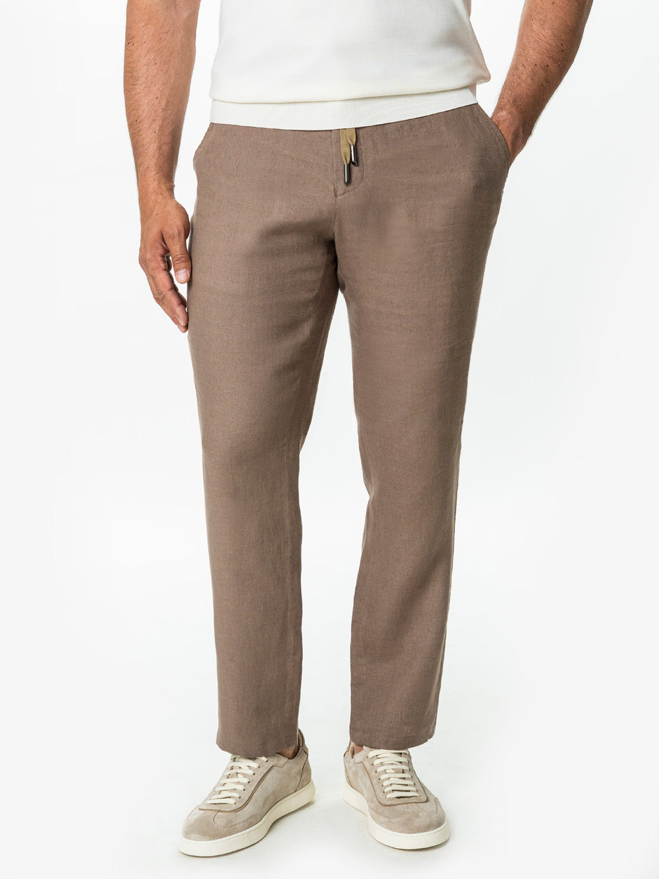 Pantaloni Casual Cu Snur Barbati Din In Natural 100% Cappuccino De Vara BMan714 (1)