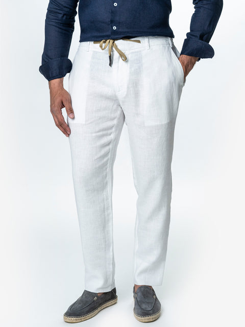 Pantaloni Barbati Albi Casual De Vara Din In Natural BMan714