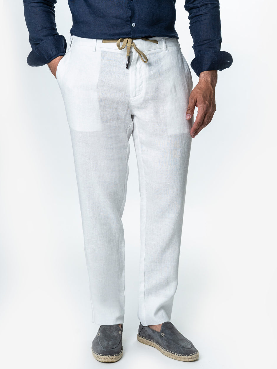 Pantaloni Barbati Albi Casual De Vara Din In Natural BMan714 (4)