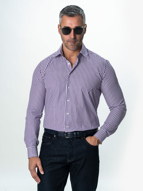 Camasa Barbati Alba cu Dungi Mov Smart Casual BMan0002