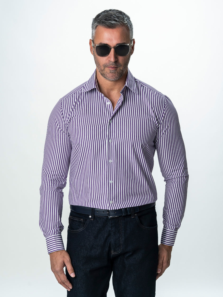 Camasa Barbati Alba cu Dungi Mov Smart Casual BMan0002 (4)