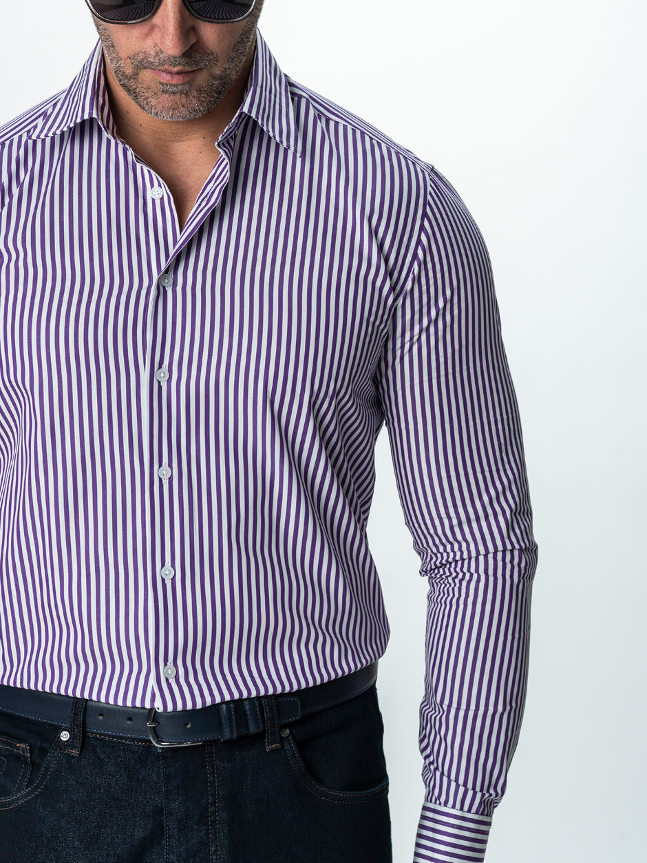 Camasa Barbati Alba cu Dungi Mov Smart Casual BMan0002 (6)