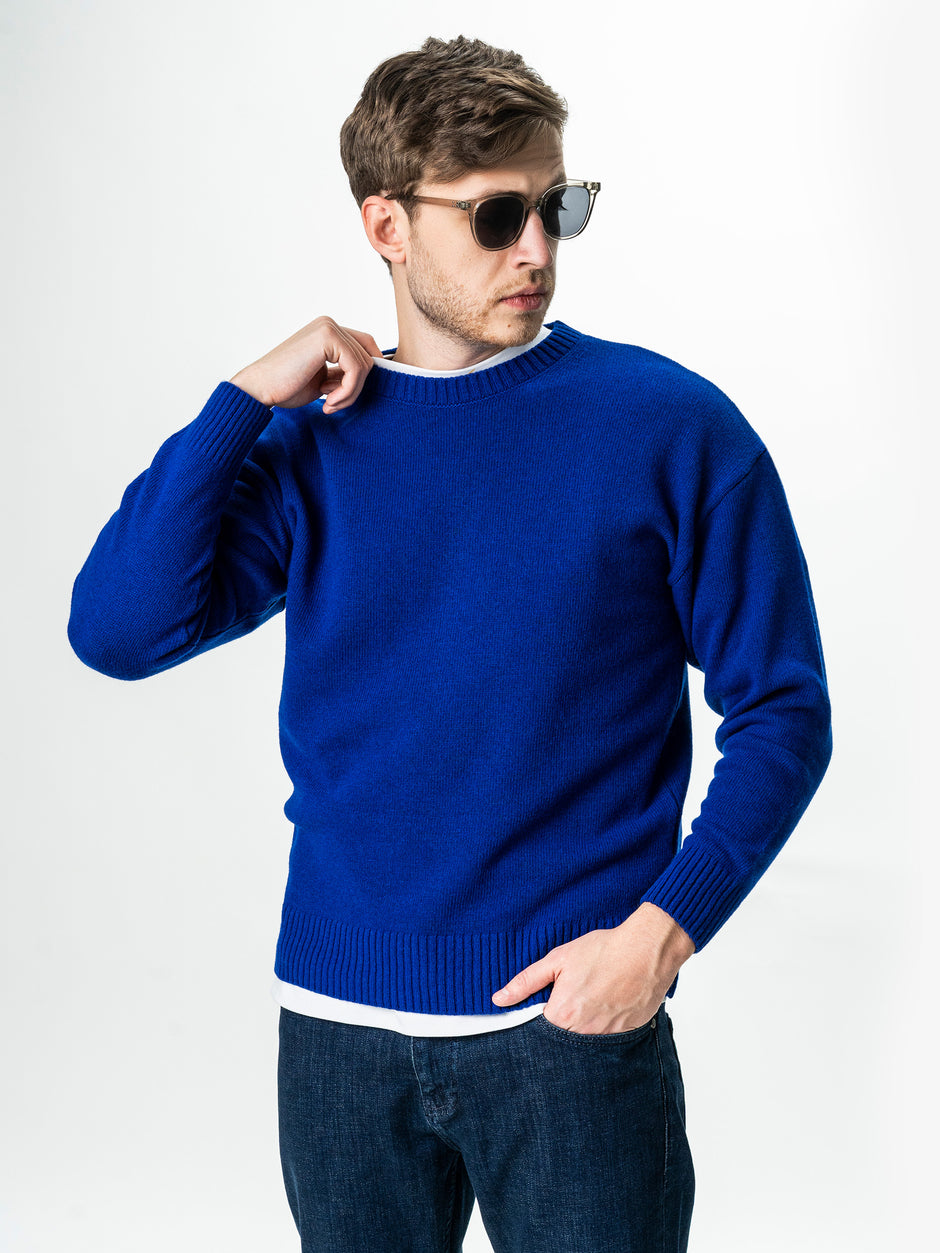 Pulover Barbati Albastru Indigo Taupe Oversize 100% Lana Lambswool BMan0033 (7)