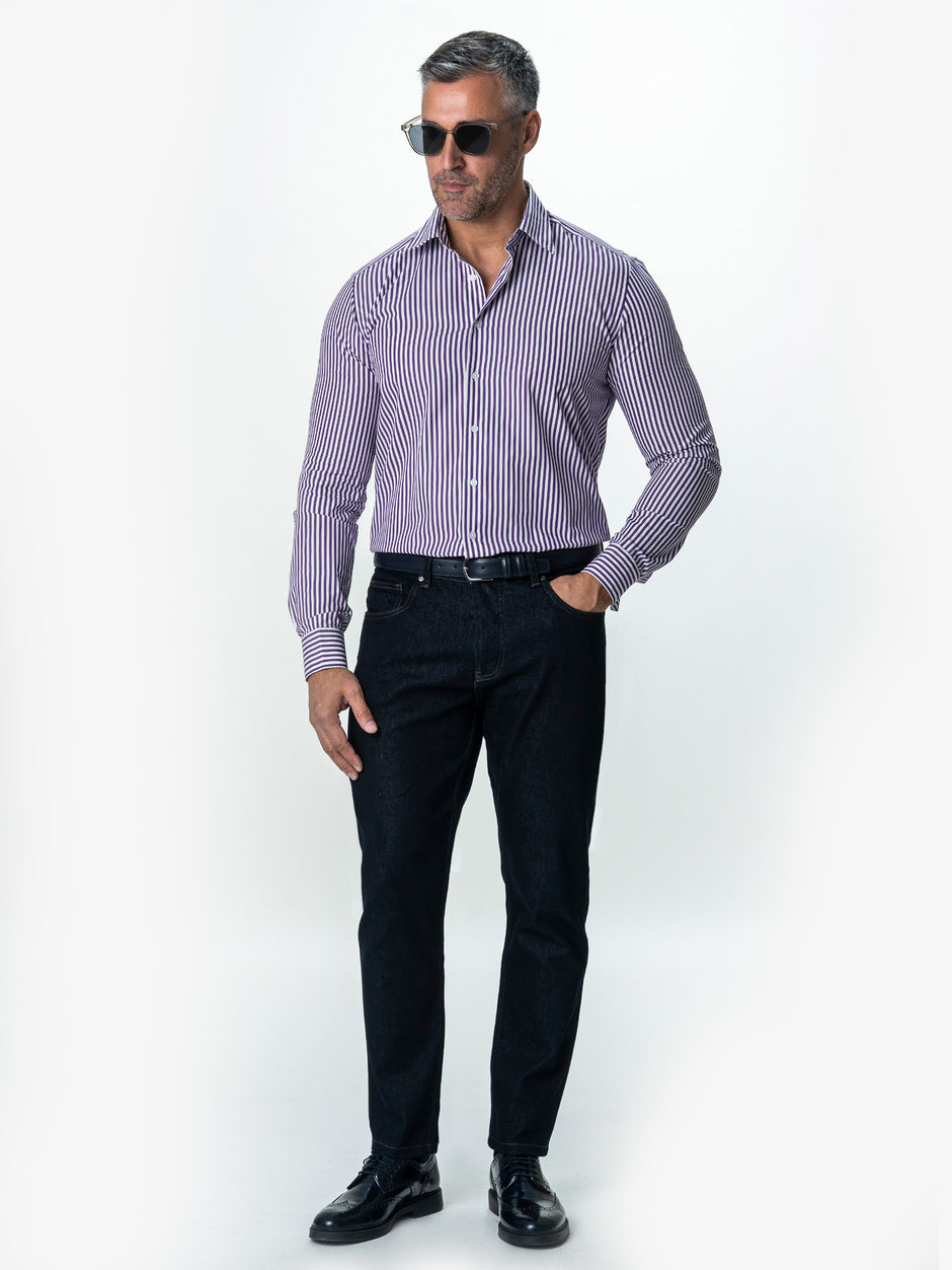 Camasa Barbati Alba cu Dungi Mov Smart Casual BMan0002 (2)