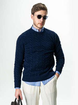 Pulover Barbati Albastru Toamna & Iarna Din 100% Lambswool Torsada BMan0010