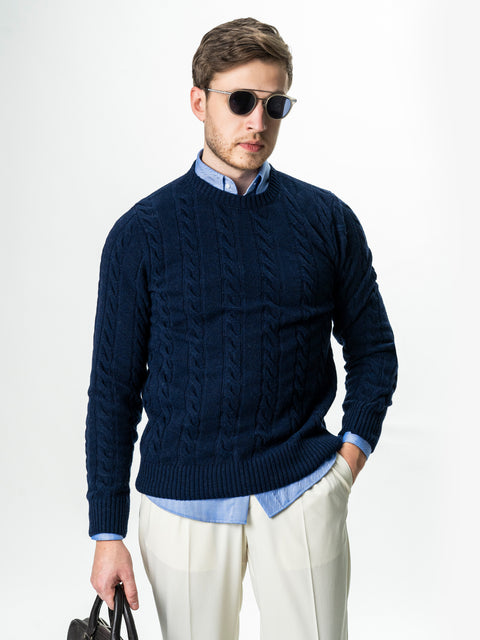 Pulover Barbati Albastru Toamna & Iarna Din 100% Lambswool Torsada BMan0010