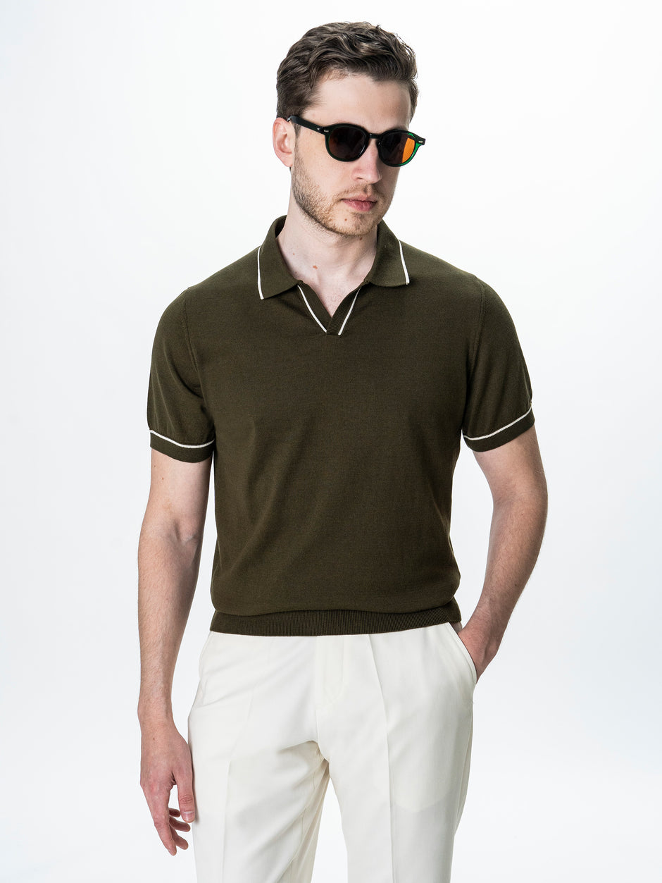 Tricou Polo Open Collar Bărbați Verde Kaki 100% Bumbac BMan0105 (1)