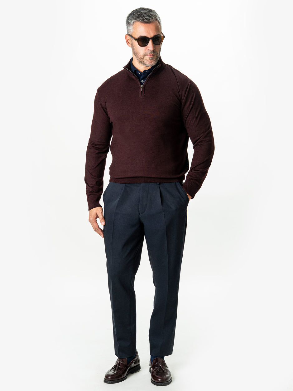 Pulover Rosu Inchis Cu Fermoar Office Barbati Din Lana Merinos Soft Falco Sezon Toamna&Iarna BMan0003 (4)