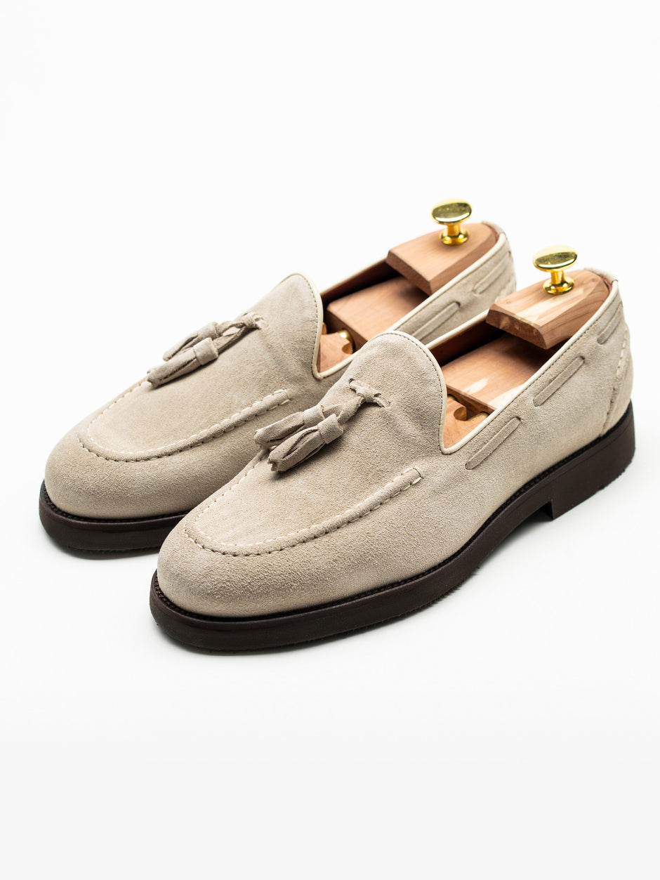 Mocasini Barbati Tassel Loafers Crem Din Piele Intoarsa Vita BMan216 (1)