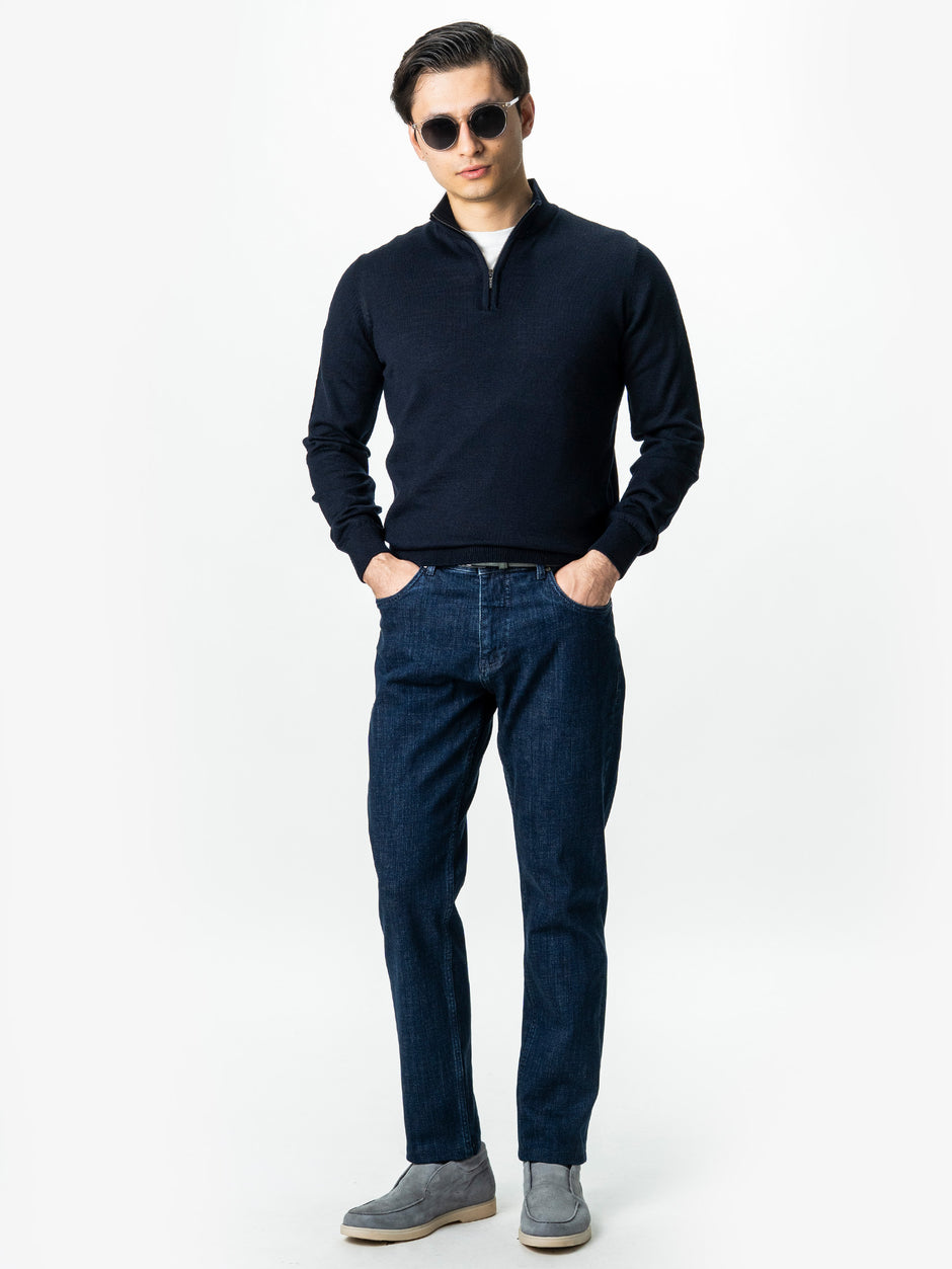 Pulover Cu Fermoar Bleumarin Inchis Barbati Office Lana Merino Falco BMan0003 (2)