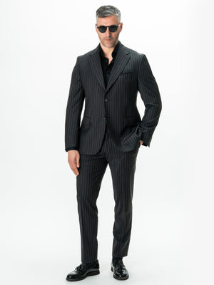Costum Barbati Negru Dungi 100% Lana Vitale Super100 BMan0017