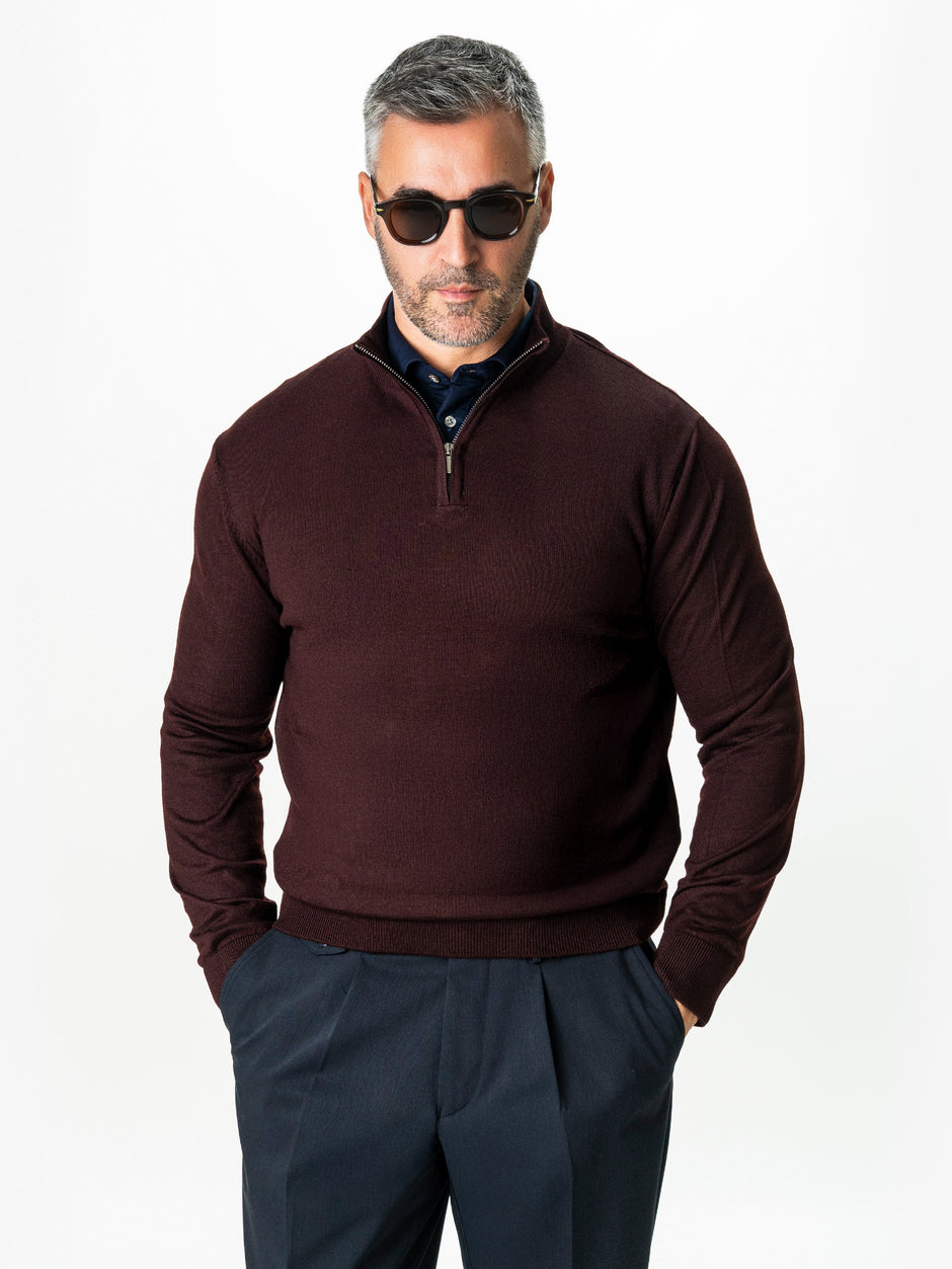 Pulover Rosu Inchis Cu Fermoar Office Barbati Din Lana Merinos Soft Falco Sezon Toamna&Iarna BMan0003 (5)