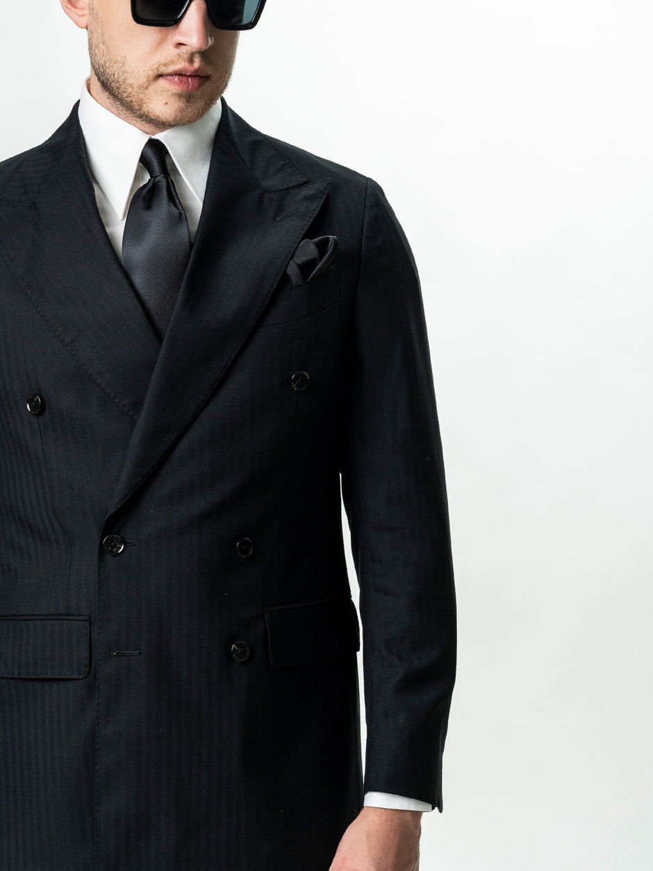 Costum Barbati Negru La Doua Randuri 100% Lana Loro Piana BMan0130 (5)