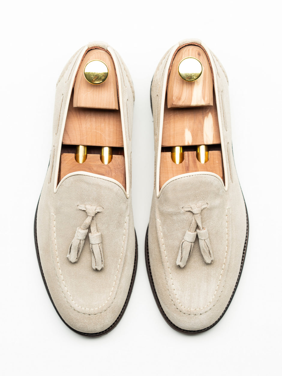 Mocasini Barbati Tassel Loafers Crem Din Piele Intoarsa Vita BMan216 (6)