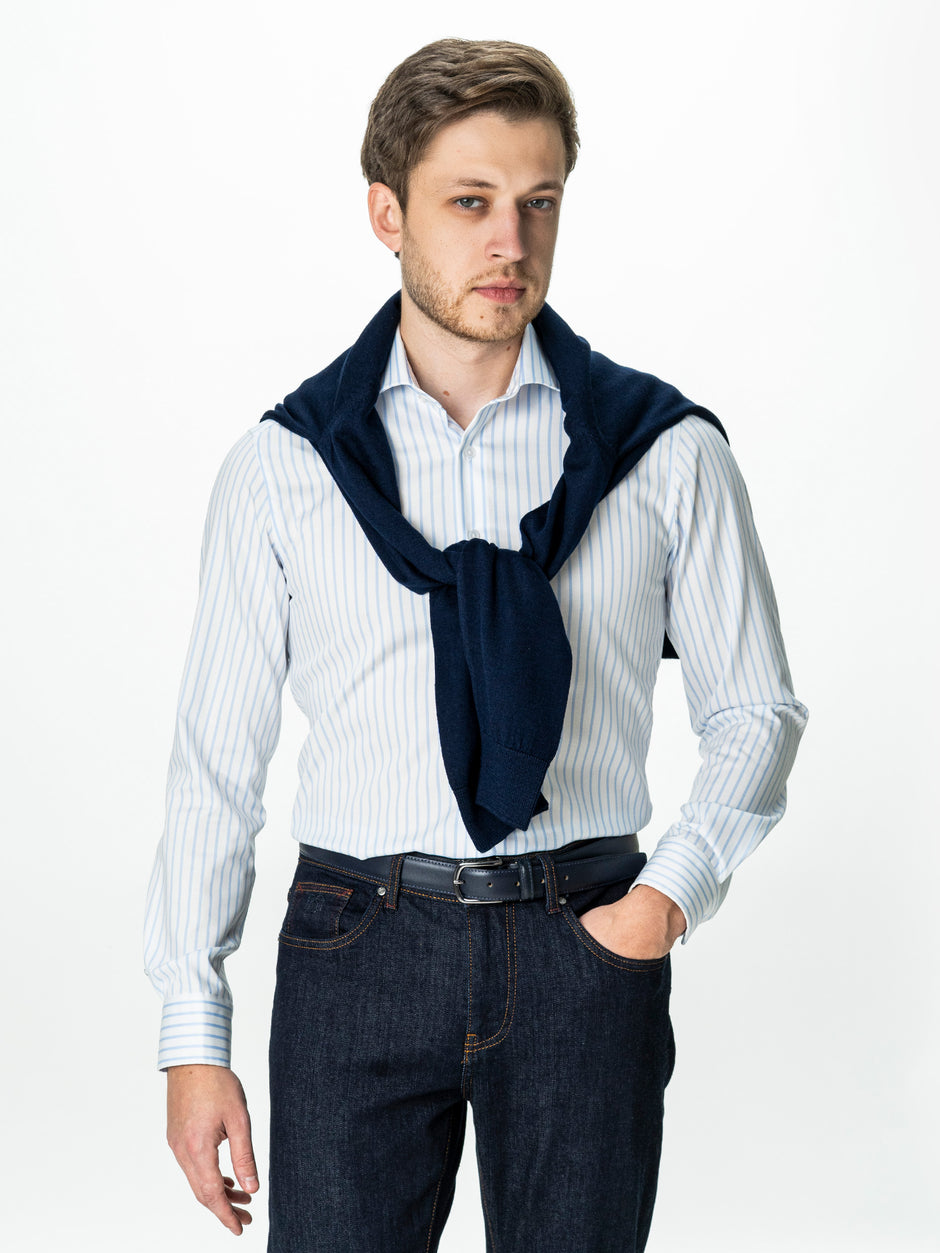 Camasa Barbati Premium Confort Fit Non Iron Alba Cu Dungi Bleu BMan0063 (5)