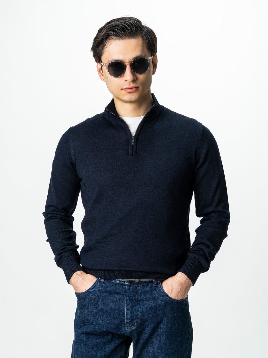 Pulover Cu Fermoar Bleumarin Inchis Barbati Office Lana Merino Falco BMan0003 (1)