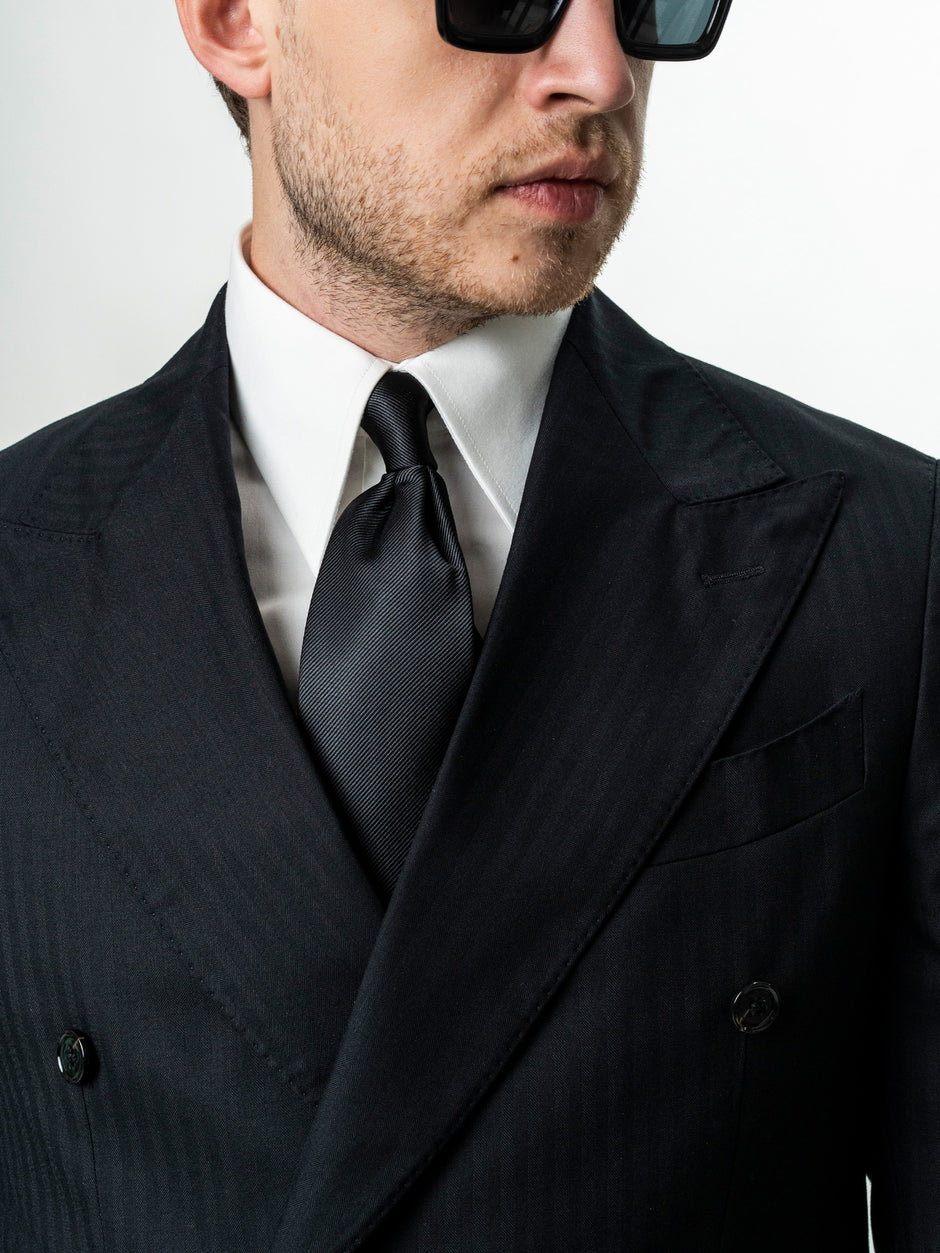 Costum Barbati Negru La Doua Randuri 100% Lana Loro Piana BMan0130 (6)