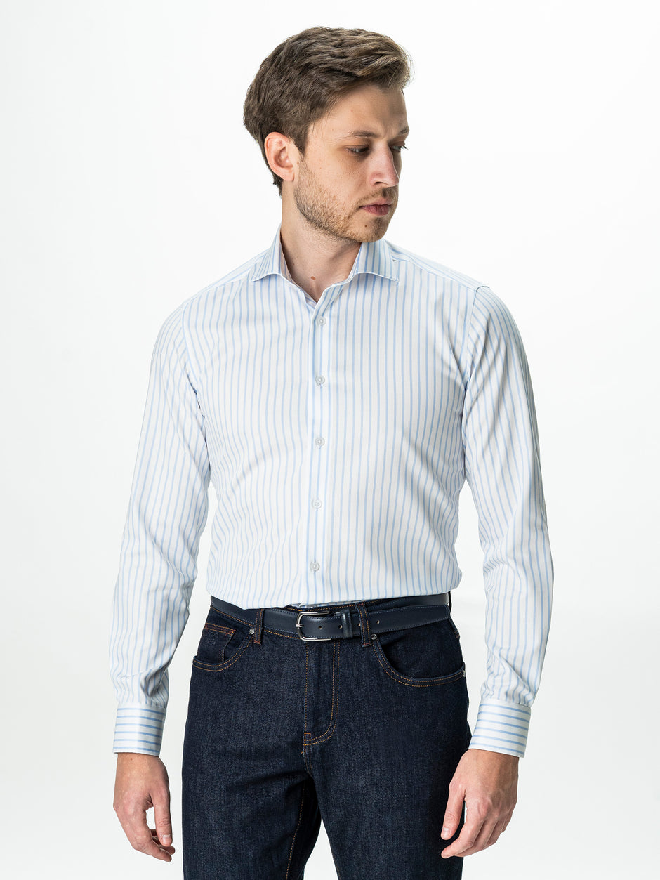 Camasa Barbati Premium Confort Fit Non Iron Alba Cu Dungi Bleu BMan0063 (1)