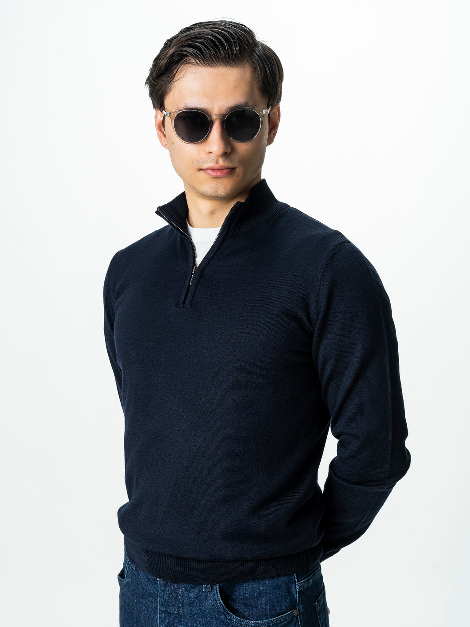 Pulover Cu Fermoar Bleumarin Inchis Barbati Office Lana Merino Falco BMan0003 (4)