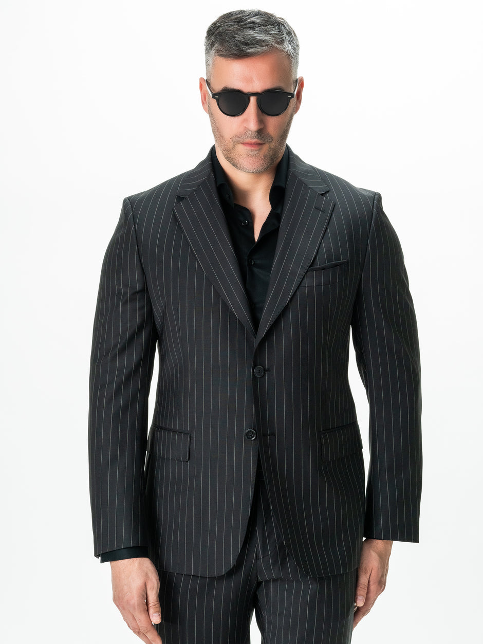 Costum Barbati Negru Dungi 100% Lana Vitale Super100 BMan0017 (2)