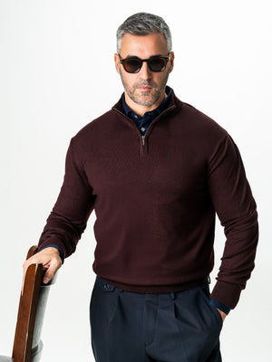 Pulover Rosu Inchis Cu Fermoar Office Barbati Din Lana Merinos Soft Falco Sezon Toamna&Iarna BMan0003