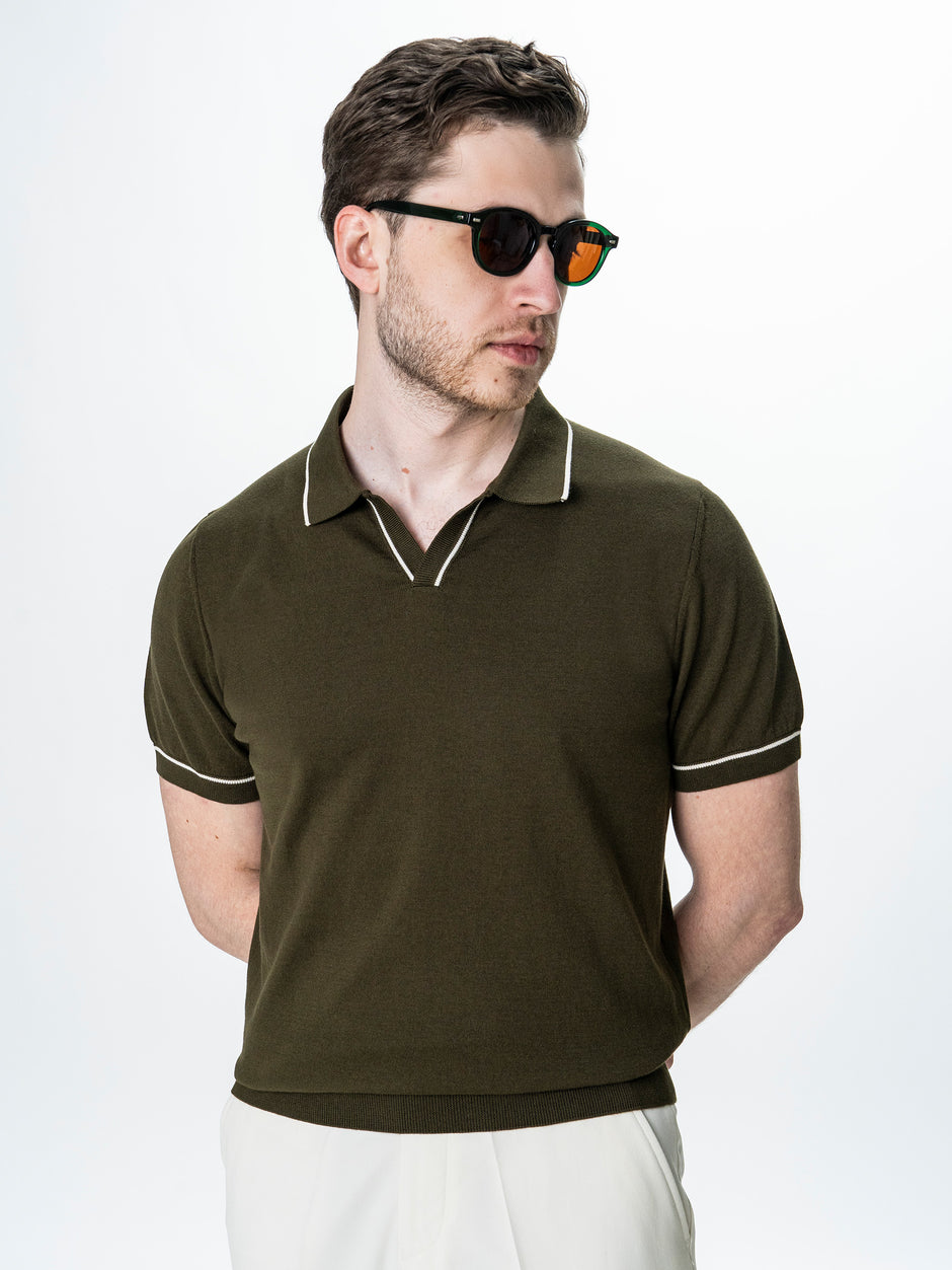 Tricou Polo Open Collar Bărbați Verde Kaki 100% Bumbac BMan0105 (4)