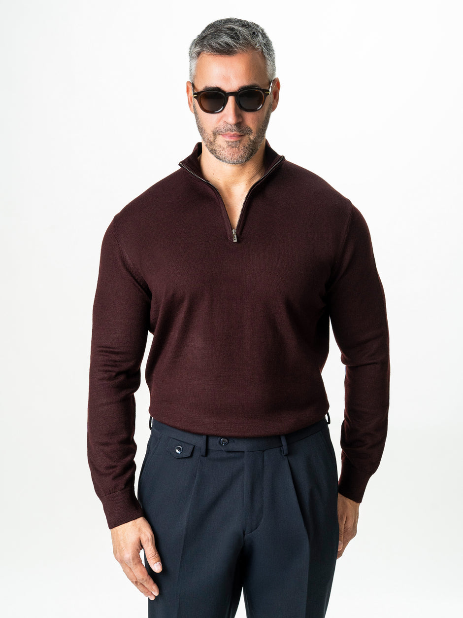 Pulover Rosu Inchis Cu Fermoar Office Barbati Din Lana Merinos Soft Falco Sezon Toamna&Iarna BMan0003 (6)