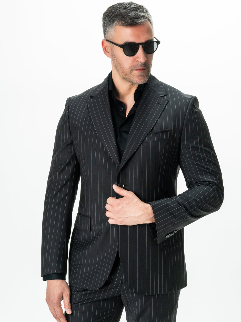 Costum Barbati Negru Dungi 100% Lana Vitale Super100 BMan0017 (9)