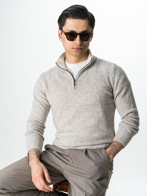 Pulover Crem Barbati 100% Lana Lambswool Cu Fermoar BMan0027