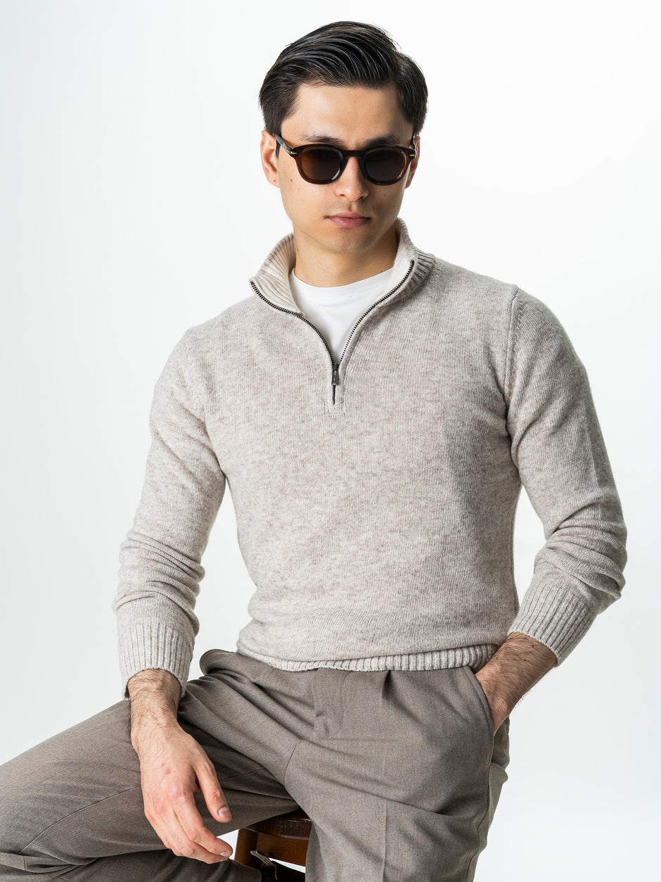 Pulover Crem Barbati 100% Lana Lambswool Cu Fermoar BMan0027 (1)