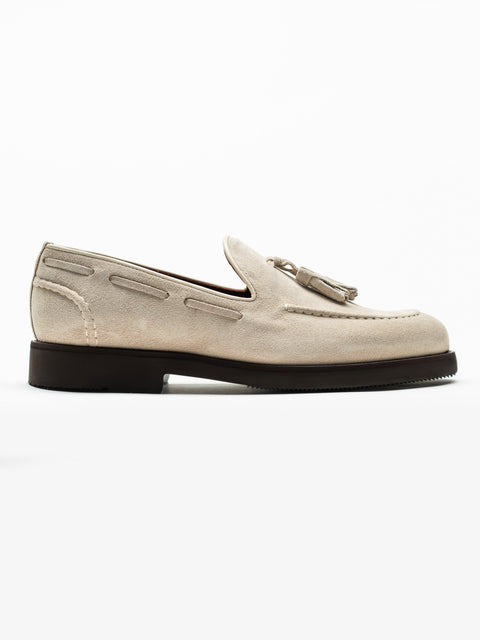 Mocasini Barbati Tassel Loafers Crem Din Piele Intoarsa Vita BMan216