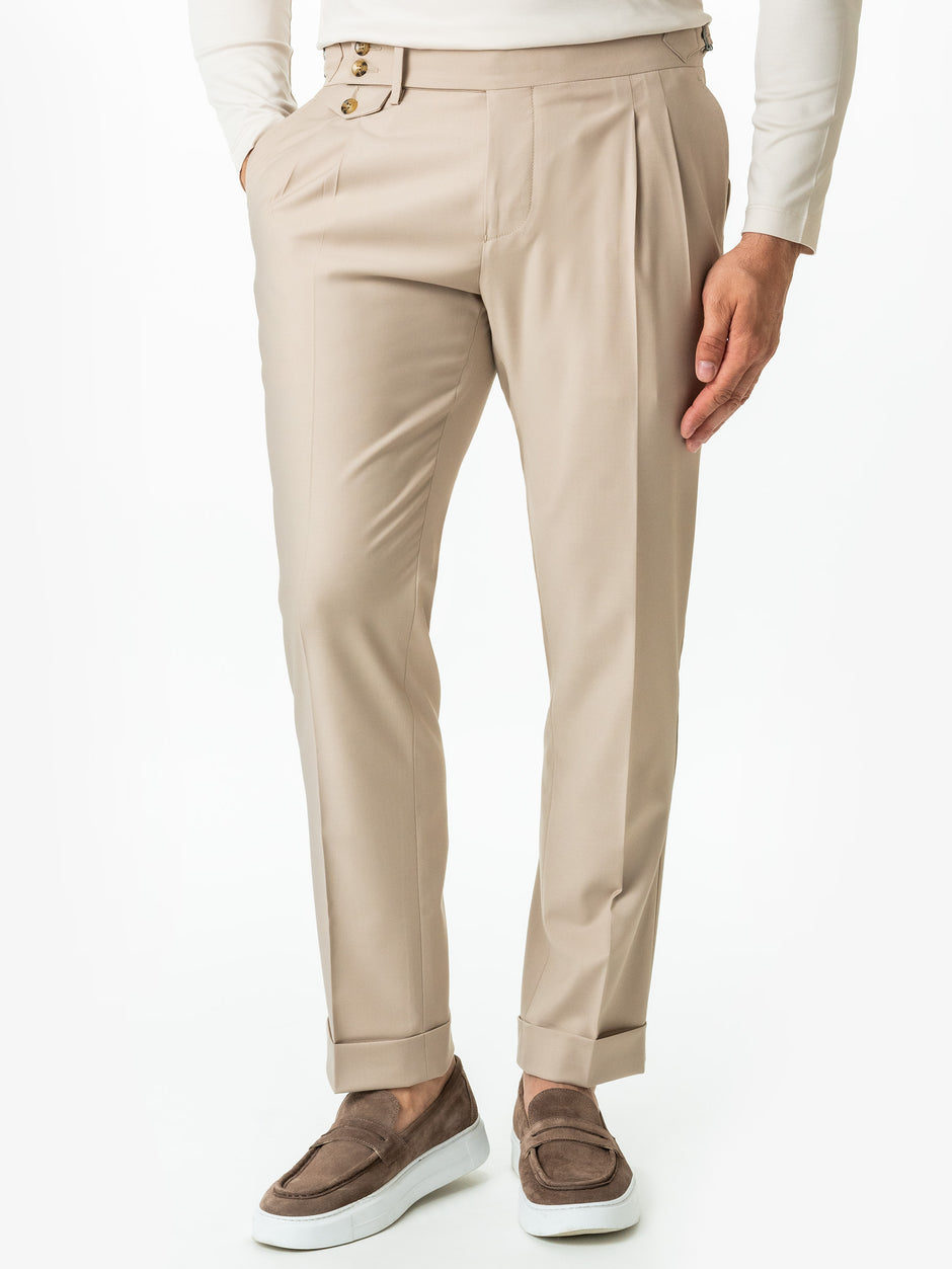 Pantaloni Cu Pense Barbati Bej Nisip Gurkha Stofa Sarto BMan707 (1)