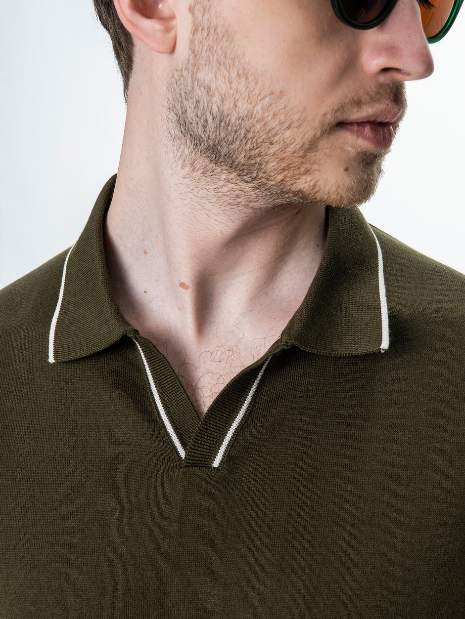 Tricou Polo Open Collar Bărbați Verde Kaki 100% Bumbac BMan0105 (5)