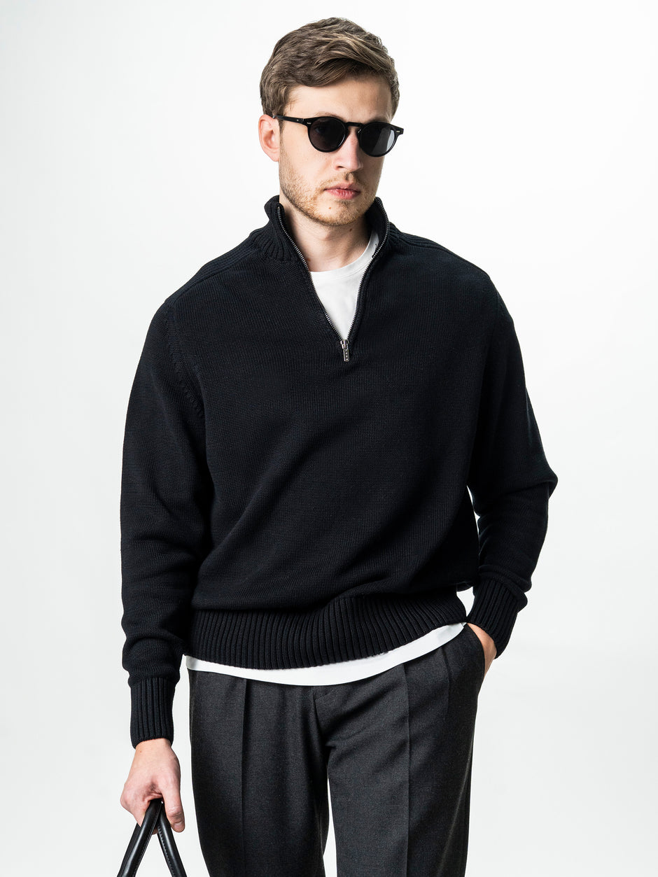 Pulover Barbati Negru Oversize 100% Bumbac Cu Fermoar BMan0037 (2)