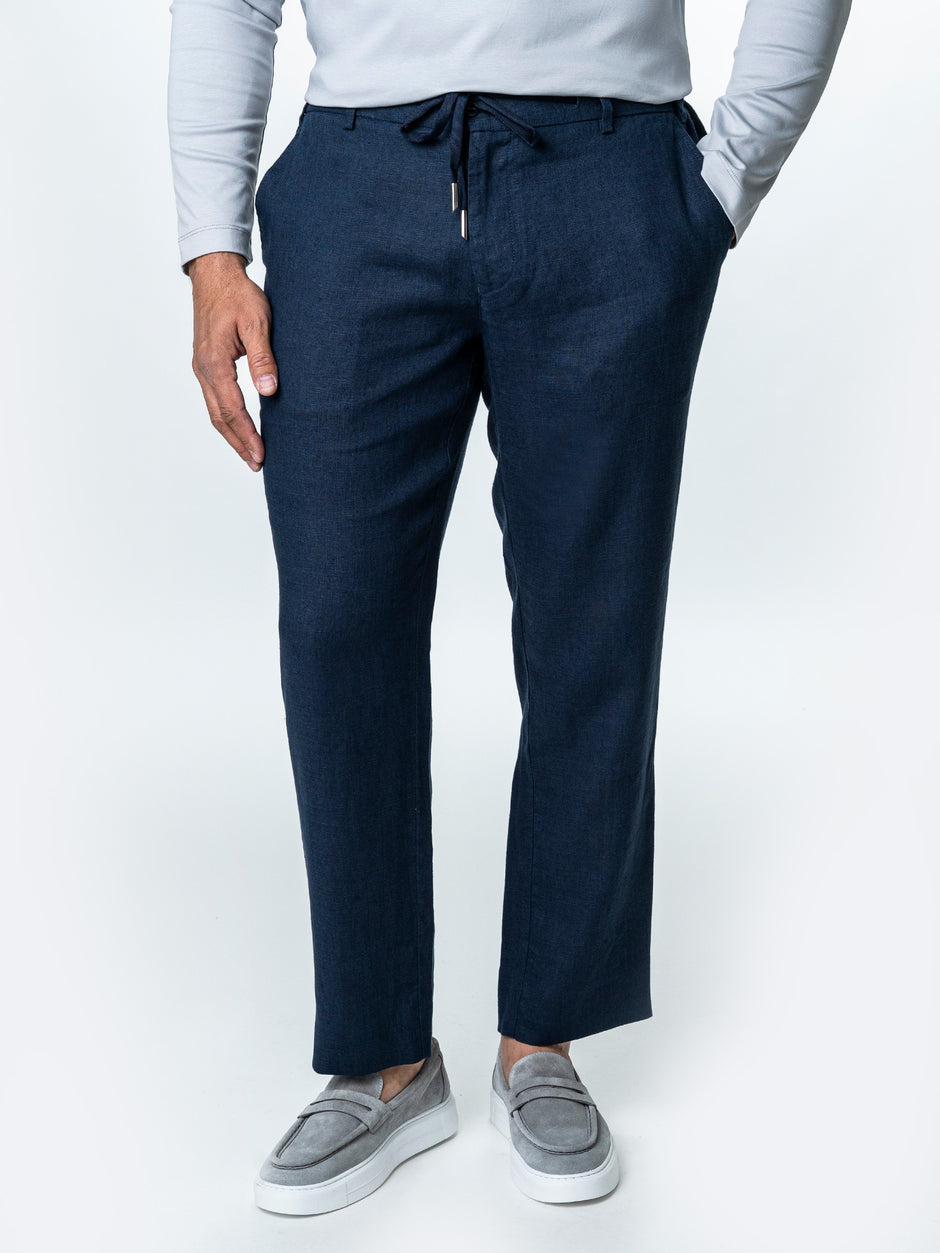 Pantaloni Casual Cu Snur In Talie Vara Barbati In Natural Bleumarin BMan714 (1)