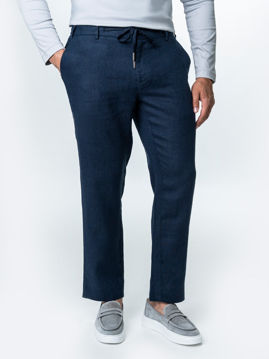 Pantaloni Casual Cu Snur In Talie Vara Barbati In Natural Bleumarin BMan714 (4)