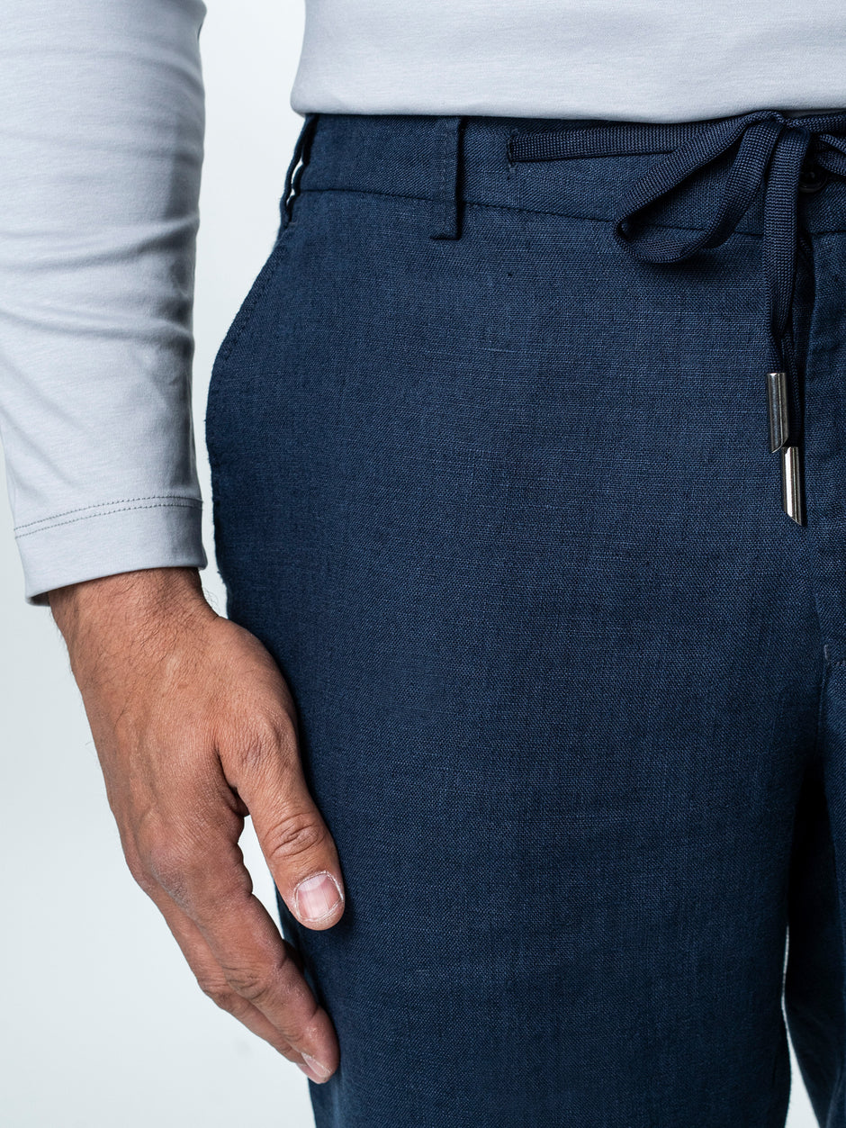 Pantaloni Casual Cu Snur In Talie Vara Barbati In Natural Bleumarin BMan714 (3)