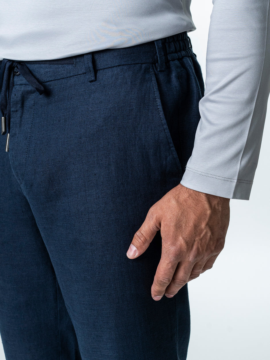 Pantaloni Casual Cu Snur In Talie Vara Barbati In Natural Bleumarin BMan714 (5)