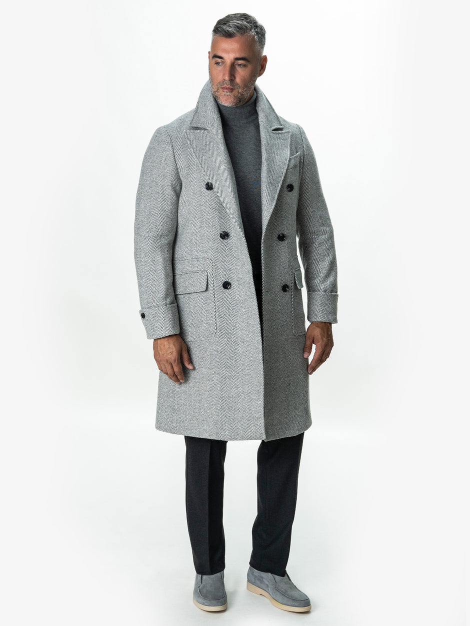 Palton Lung Barbati Gri Herringbone din Lana BMan0009 (8)