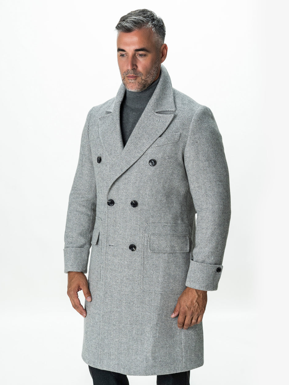 Palton Lung Barbati Gri Herringbone din Lana BMan0009 (9)