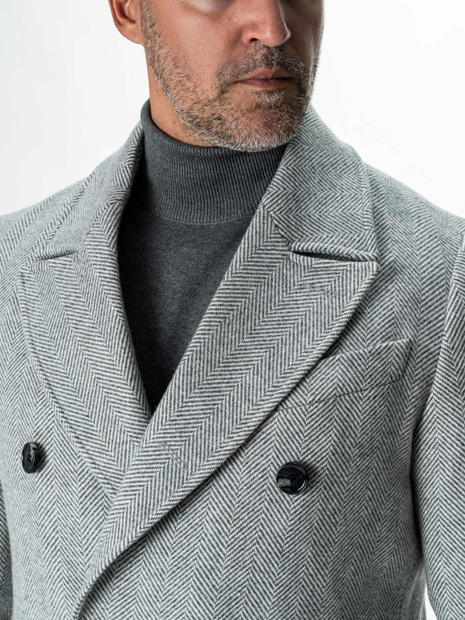Palton Lung Barbati Gri Herringbone din Lana BMan0009 (4)