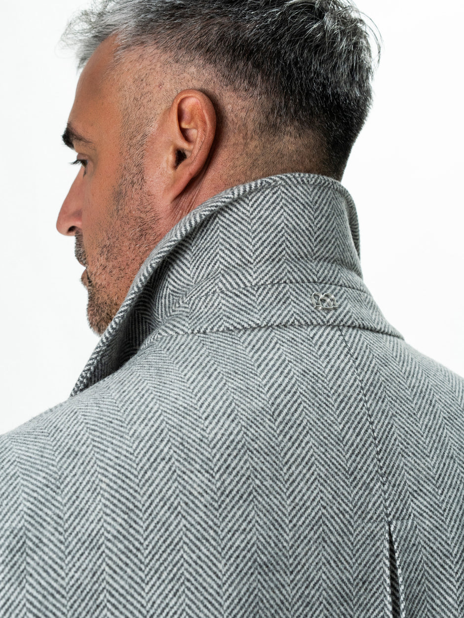 Palton Lung Barbati Gri Herringbone din Lana BMan0009 (10)