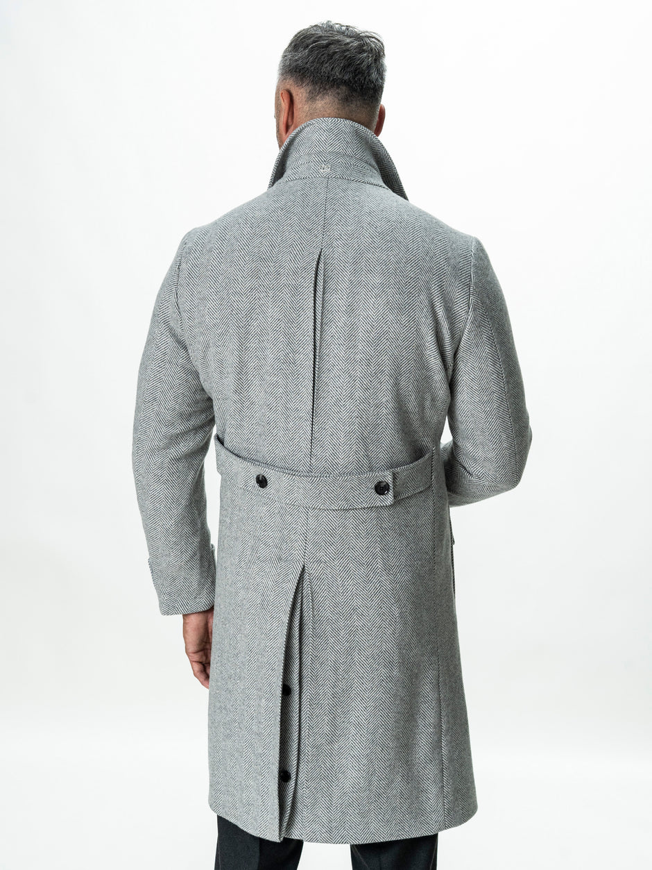 Palton Lung Barbati Gri Herringbone din Lana BMan0009 (11)